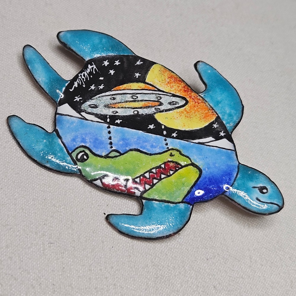 Krikelan Hand Painted Turtle Brooch OS Blue Cosmic UFO Alligator Wearable Art